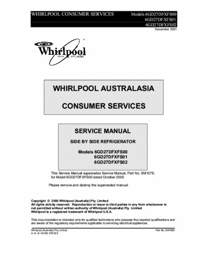 whirlpool 6GD27DFXFS whirlpool 6GD27DFXFS  service manual